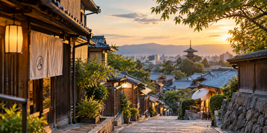 Traditional Japanese streetscape at sunset